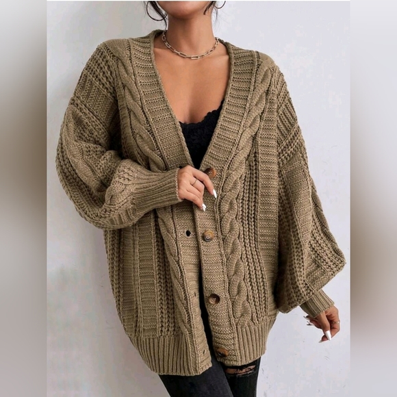 New Boho Chunky Cable Knit Cardigan Sweater Khaki Tan Beige - Picture 2 of 7
